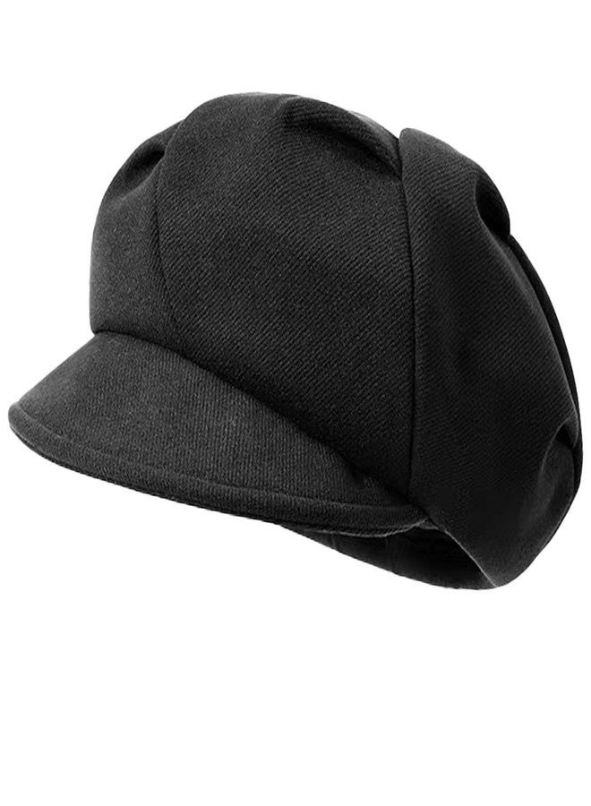 huablo Women's Folds Wool Newsboy Cap - Soft Brim, Convertible to Beret Style - Vintage Octagonal hat - Black - Image 1